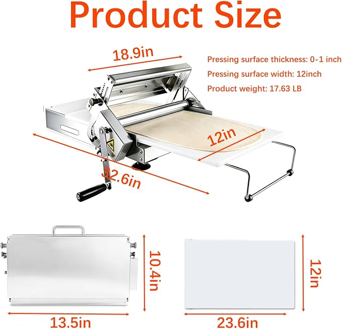 Folding Dough Sheeter, Manual Dough Rolling Machine, Adjustable Thickness, Stainless Steel Manual Dough Sheeter for Croissants, Pizza, Pastry, Home & Commercial (12in) | Adjustable Thickness