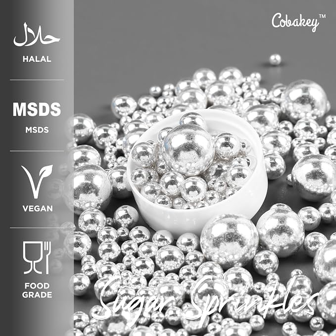 Cobakey Bright Silver Sprinkles for Cake Decorations 3.52 ounce Silver Metallic Pearl Sugar Sprinkles for Cupcake Toppers Wedding Party Valentines Halloween Christmas Supplies