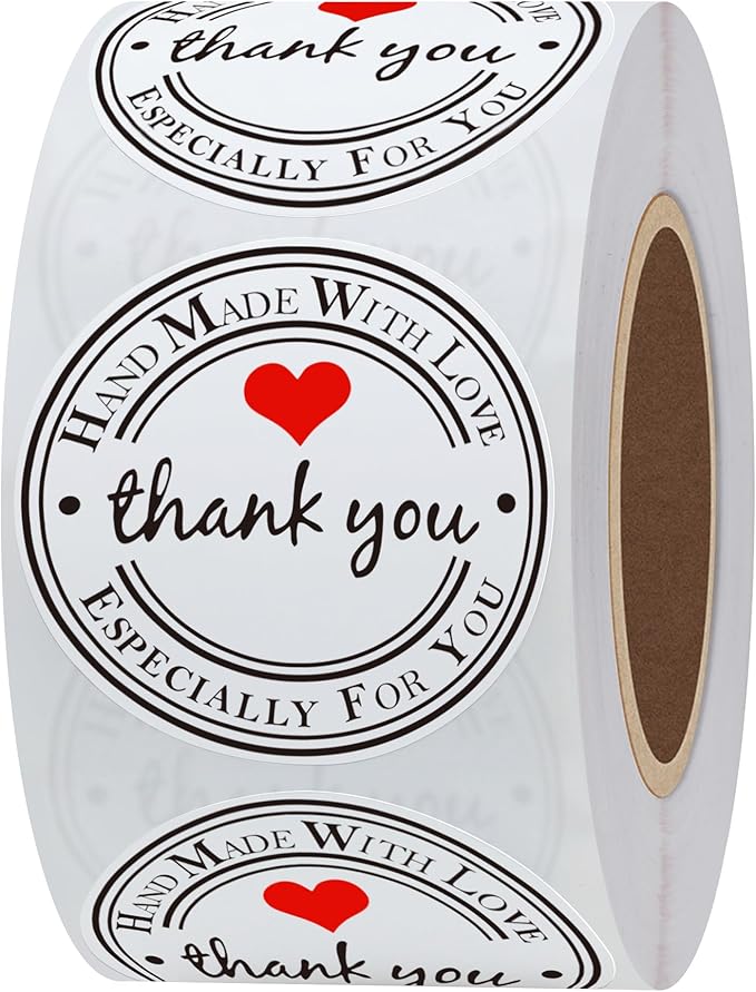 Hybsk White Gloss Thank You Hand Made with Love with Red Heart Stickers 1.5" Inch Round Total 500 Adhesive Labels Per Roll (White Gloss)