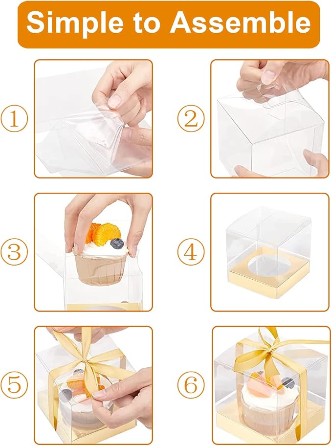 60 Pcs Clear Plastic Cupcake Boxes 3.5 inch Gold Single Cupcake Containers Individual Cupcake Boxes, Gold Carriers with Ribbons and Inserts for Wedding Birthday Party Favor Containers
