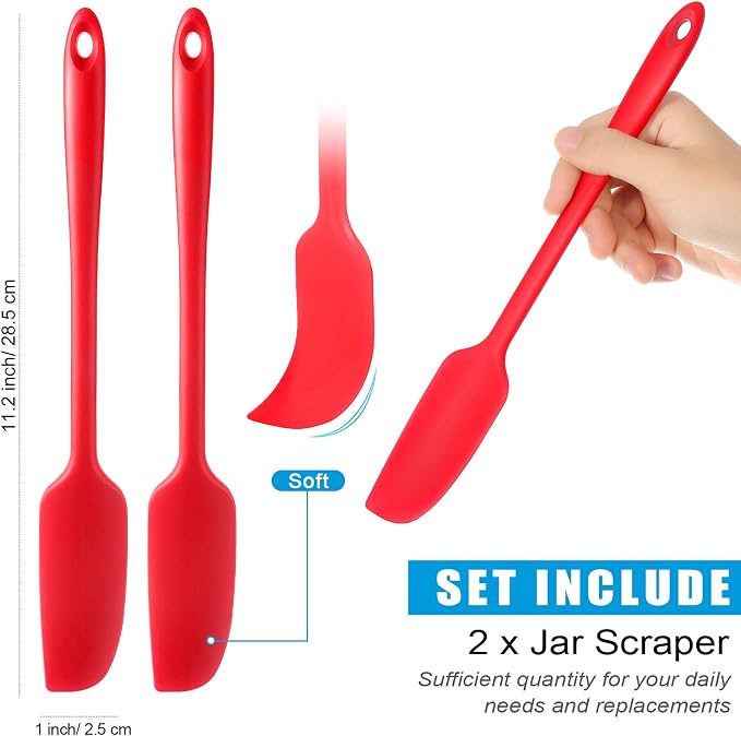 Patelai 2 Pieces Silicone Jar Spatula Long Handle Non-stick Rubber Scraper Heat Resistant Spatula Silicone Scraper for Jars, Smoothies, Blenders Cooking Baking Stirring Mixing Tools (Red)