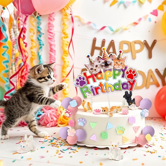 Hooqict 34Pcs Cat Cake Decorations Set with Mini Cats Figurines Cute Paw Balls Cake Toppers & Cupcake Toppers for Kids Pet Cat Themed Birthday Party Decorations Supplies