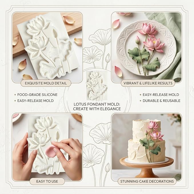 1Pc Lotus Flower Silicone Mold Water Lily Pad Fondant Mold for Cake Decorating, Chocolate, Candy, Flexible Gum Paste Pastry, Cupcake Toppers, Dessert Baking Tool Botanical Wedding