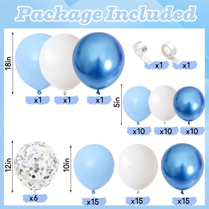 Blue Balloon Arch Kit 86Pcs Pastel Blue White Balloons Garland Kit with Silver Confetti Balloon Metallic Macaron Light Birthday Party Balloons for Boys Men Baby Shower Graduation Party Decorations