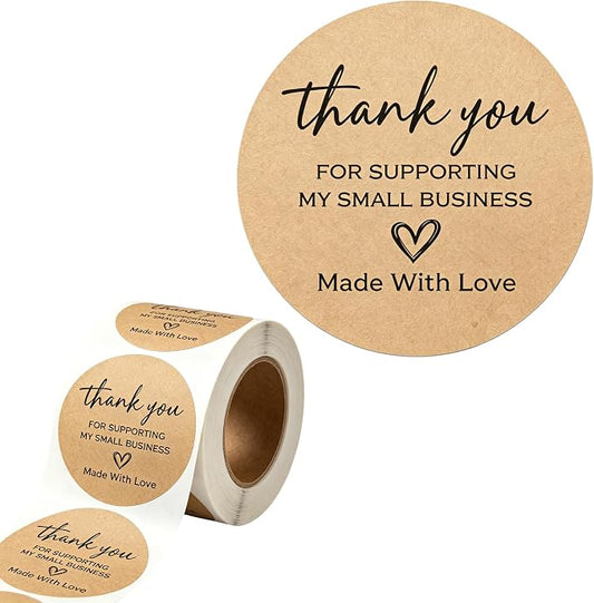 500 Pcs Thank You Stickers Roll, 1.5 Inch Thank You for Supporting My Small Business Stickers, Self Adhesive Labels for Packaging, Bakery Bags, Gift Wrap, Envelopes and Small Business Supplies (Brown)