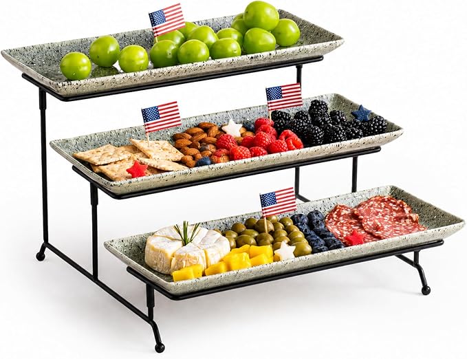 LAUCHUH 3 Tier Serving Trays for Party, 14 inch Dessert Party Display Stand Serving Platters and Trays with Collapsible Sturdier Rack for Father's Day Serving Food, Speckled Gray