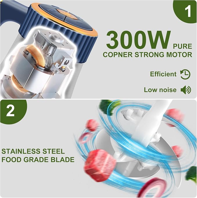 Food Processor, 5-Speed Food Chopper, Electric Meat Grinder, Blue | 2 Bowls (8 Cup+8 Cup) & 2 Sets of Blades, Meat Processor for Meat, Vegetables, Fruits and Nuts