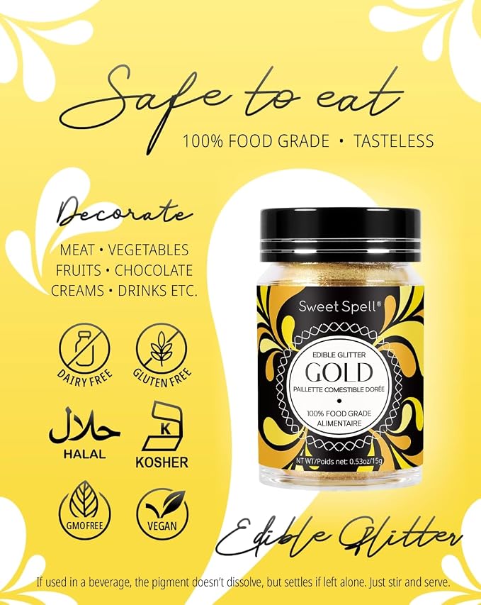 Sweet Spell Gold Edible Glitter (15g) - Shimmer Sparkles for Drinks, Cakes, Cocktails - 100% Edible & Food Grade Glitter, Vegan, Gluten-Free (Gold)
