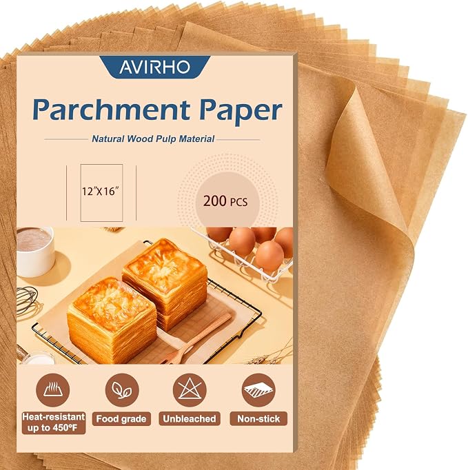 Parchment Paper Sheets 12x16 Inch – 200Pcs Precut Unbleached Half Sheet Baking Paper, Plant-Based Silicone Coating, Non-Stick Liner for Oven, Cookies, Bread, Roasting & Large Batch Baking