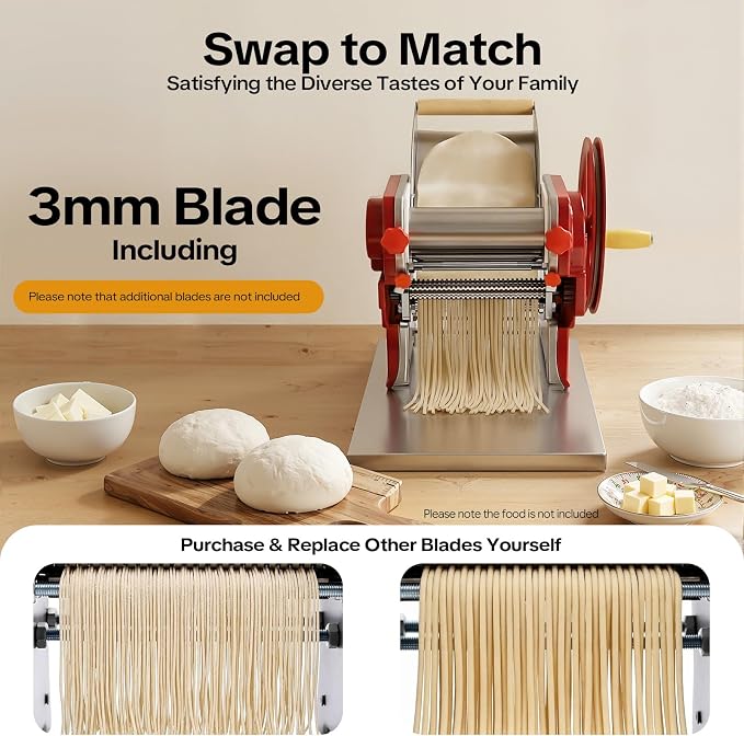 Manual Noodle Machine, Commercial Pasta Maker, Dough Sheeter Machine, Adjustable Thickness 0.5-5mm, Dough Roller Machine, Spaghetti Dough Machine for Home