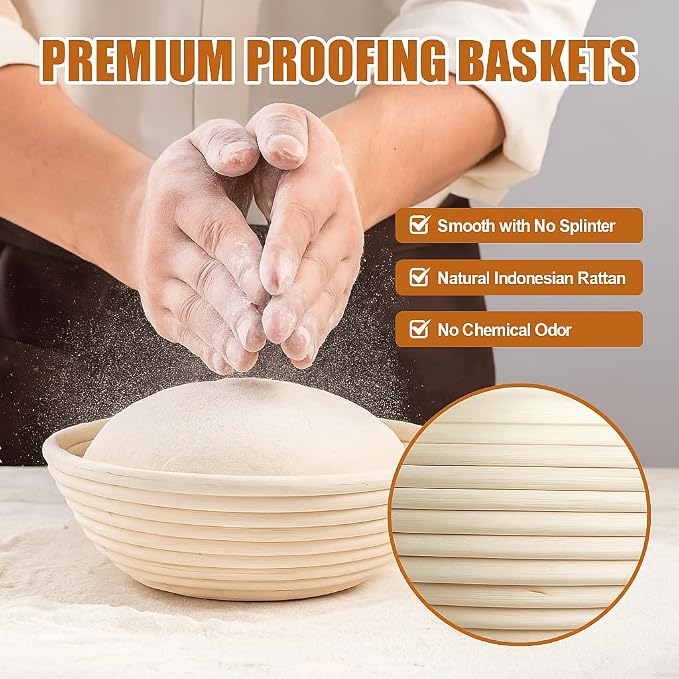 Proofing Baskets for Sourdough Bread Baking, 2 Pack Banneton Bread Proofing Basket 9 inch Round & 10 inch Oval Proofing Bowls for Sourdough Bread with Liner Making Baking Fermentation Tools Supplies