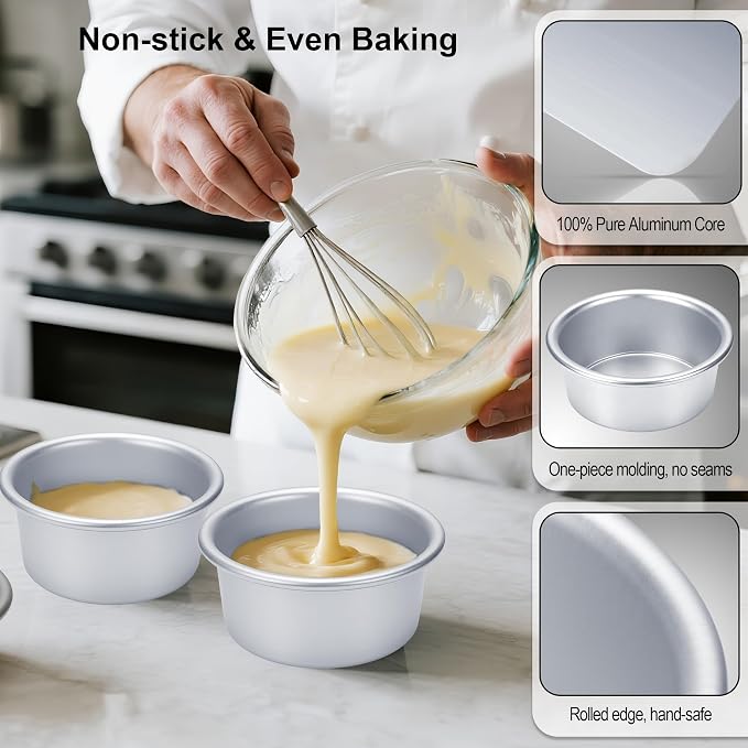6 Inch Cake Pans Set of 4, Nonstick Aluminum Pans with 100 Sheets Parchment Paper, Round Cake Pans Cake Tins for Making Layered Cakes Deep Dish Pizza Quiches, Removable Bottom for Easy Quick Release