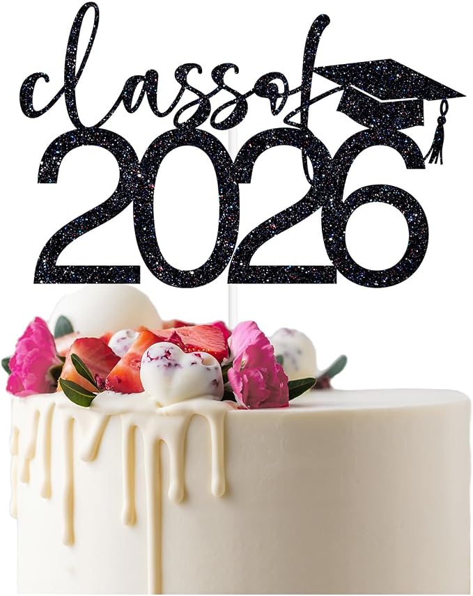 Class of 2026 Cake Topper, Congrats 2026 Cake Décor, Congrats Grad, Happy Graduation, High School/Senior/University Graduation Party Decorations Black Glitter