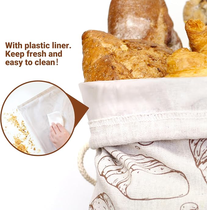 2 Pack Large Reusable Linen Bread Bags and 10'' Bowl Covers with Plastic Liners for Bread Storage & Sourdough Proofing