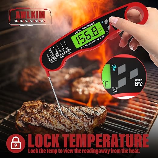 AWLKIM 2 Pack Digital Meat Thermometer, Instant Read Thermometer, Red | 2-pack grill and kitchen thermometers with backlit displays and magnetic storage