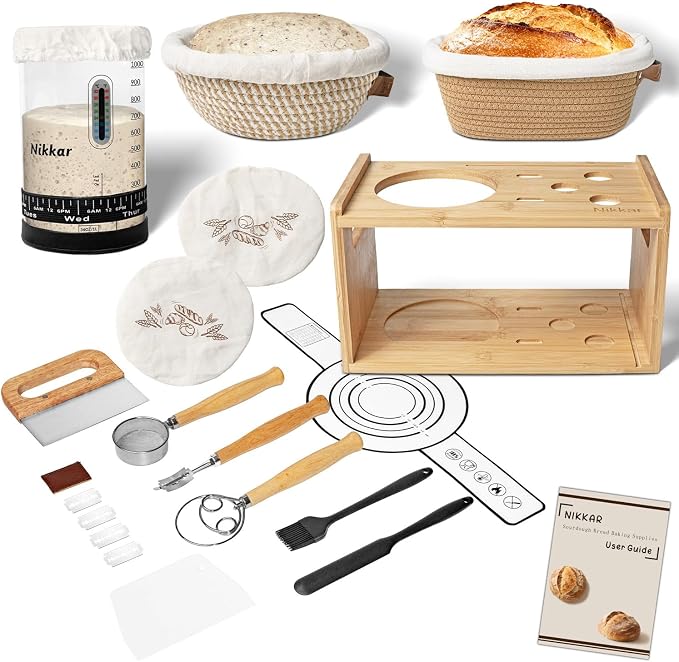 Nikkar Complete Sourdough Starter Kit with Bamboo Storage Rack Bread Basket | 12 Set Sourdough Bread Baking Supplies with Glass Sourdough Starter Jar for Bread Making Baking Fermentation