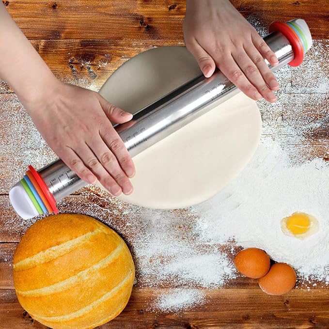 Rolling Pin, MELOP Adjustable Roller Pin with 4 Size Removable Thickness Rings + Oil Brush for Baking Dough, Pizza, Pie, Pastries, Pasta and Cookies, 17inch Stainless Steel