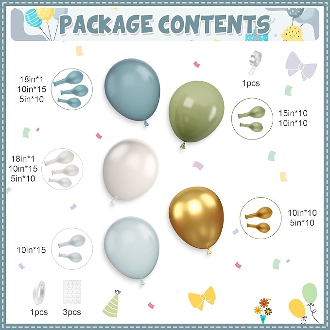 Dusty Blue Green Balloon Garland Kit, Slate Blue Haze Fog Blue Sage Green Beige Gold Balloon Arch Kit, Pastel Olive Green Retro Blue Balloons Arch for Birthday Boho Bridal Shower Wedding Decorations