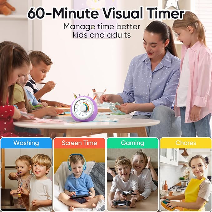 Visual Timer for Kids, 60-Minute Silent Countdown for Classroom, Home, Office, Kitchen, Rainbow Pattern Desk Timer, Time Management Tools with Silent Operation, Pomodoro Timer