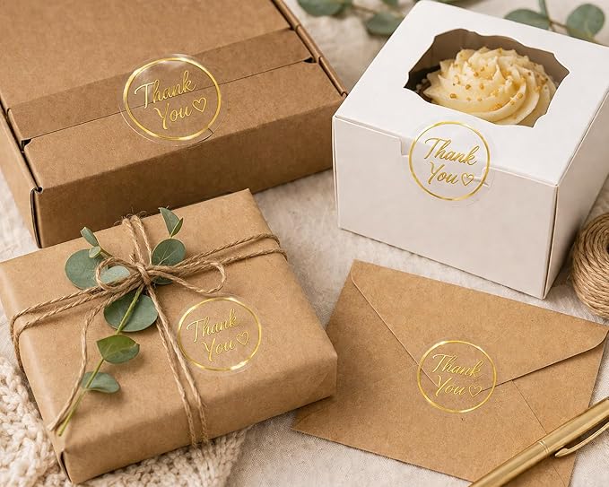 Thank You Stickers for Small Business – 500 Clear Round Stickers with Gold Foil Script, 1.5 Inch Waterproof Adhesive Labels for Packaging, Envelopes & Gift Bags