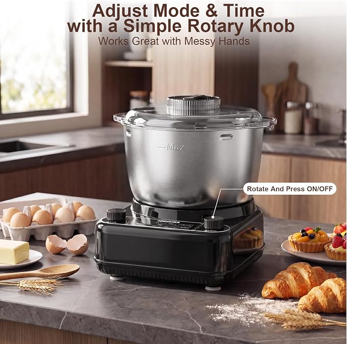Electric Dough Maker with Ferment Function, 6.5QT Stand Dough Mixer, Dough Kneading Machine with 304 Stainless Steel Bowl, Removable Lid & Knob Control, Ideal for Bread, Pizza, Pasta - Onyx Black