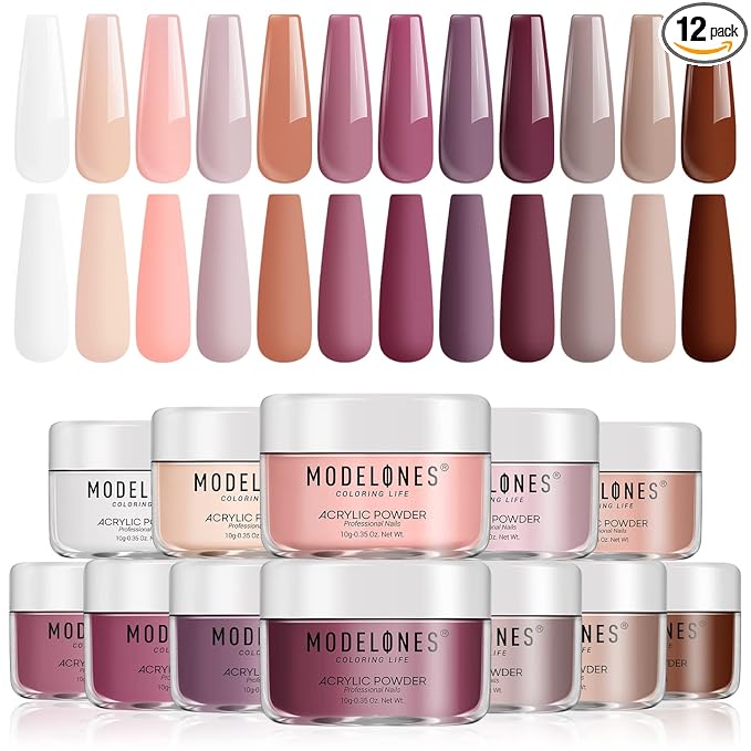 Modelones 12 Pcs Acrylic Powder Set Maple Leaf Collection Acrylic Nail Powder Gold Red Orange Brown Professional Nail Extension, Carving, French Kit for Women