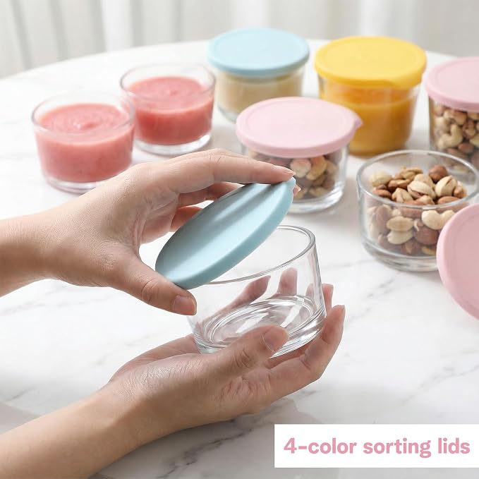 Small Glass Bowls with Lids, 7 oz Mini Glass Prep Bowls, Stackable Small Food Storage Containers for Spices Seasonings Leftovers Dips Dessert, Set of 8 (Blue, Yellow, Pink, White)