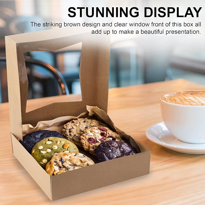 MT Products Kraft Cookie Box 8" x 8" x 2.5" - Auto Pop-Up Bakery Boxes with Window (Pack of 15) - Made in USA
