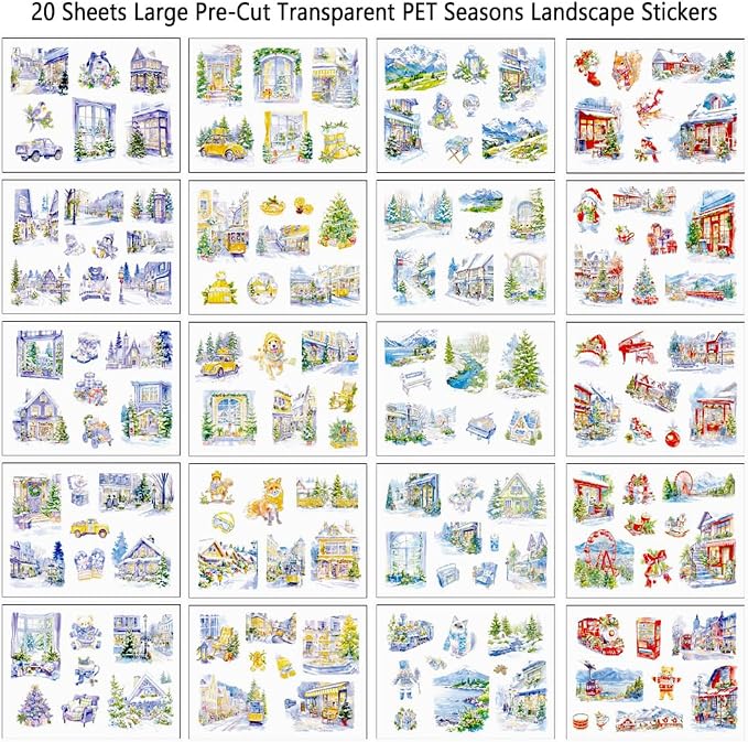 Transparent PET Winter Landscape Sticker Book for Journaling, 20 Sheets Large Pre-Cut Scenery Stickers for Scrapbooking Supplies, Collage Decorative, 9.25 x 6.58 inches