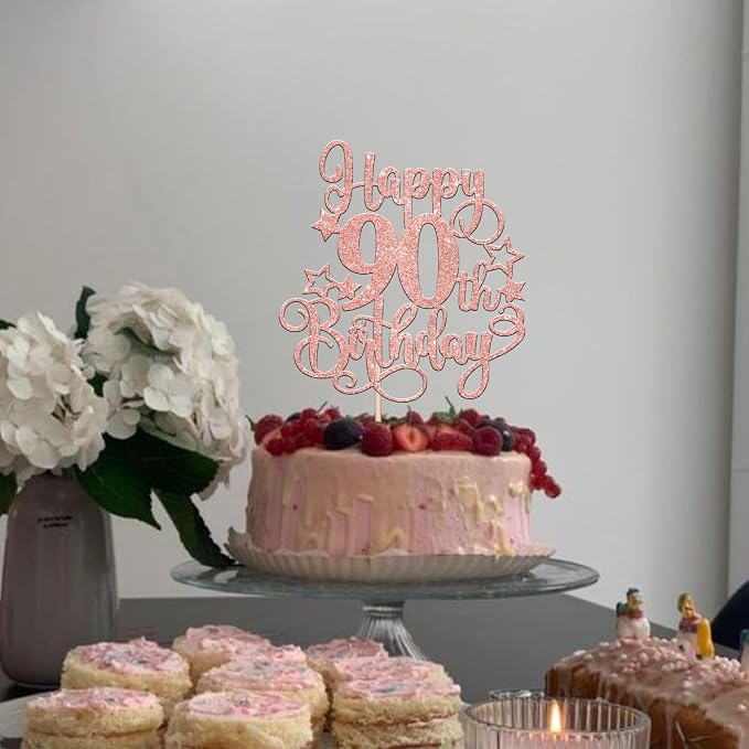 1 PCS Happy 90th Birthday Cake Topper Glitter Cheers to 90 Years Birthday Cake Pick Hello 90 Fabulous Cake Decoration for Happy 90th Birthday Anniversary Party Decorations Supplies Rose Gold