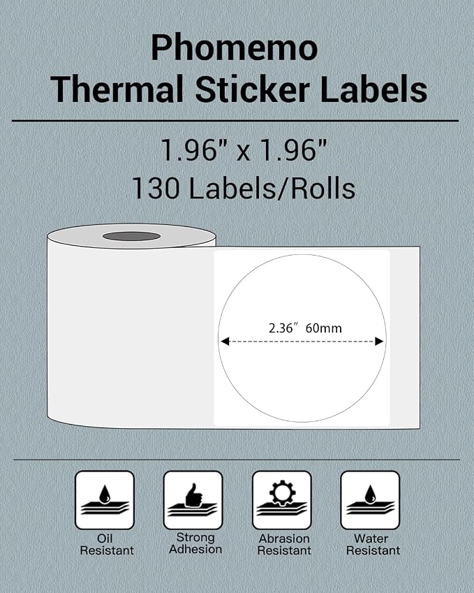 Phomemo Sticker Circle Labels- 2.36"x 2.36"(60x60mm) Thermal Label for M221/M220/M200, for Barcode/Address/Mailing/Logo/Business/Home Tag, Black on White
