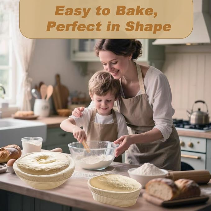 Sourdough Bread Proofing Basket Kit - Banneton Baking Set, Sour Dough Making Tools Supplies, 9" Round and 10" Oval Cane Baskets with Bowl Scraper, Bread Lame, Danish Whisk, Linen Liners, Dough Scraper