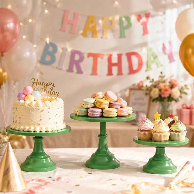 3 Pcs Cake Stand Set Metal Round Cake Holder Cupcake Stands 8/10/12 inch Green Dessert Display Stands Dessert Table Decorations for Birthday Parties, Baby Shower,Wedding Banquets and Anniversary