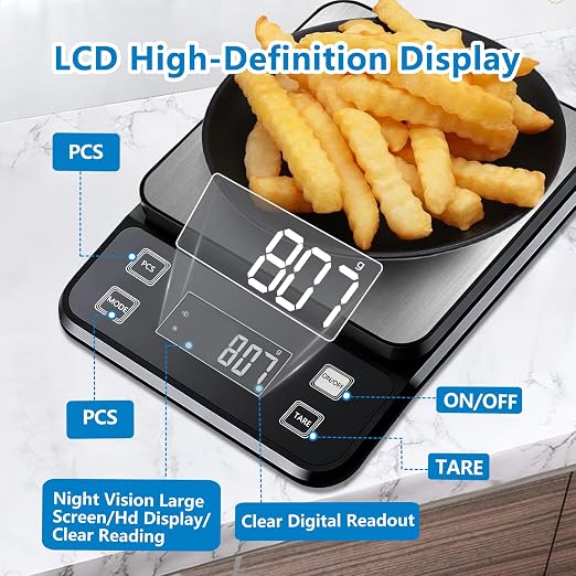 IPX7 Waterproof Food Scale 0.1g Precision Kitchen Scale, 5kg/11lb Digital Food Scale USB Rechargeable, Backlight Gram Scale Stainless Steel & Washable Digital Scale for Cooking, Baking,Weight Loss