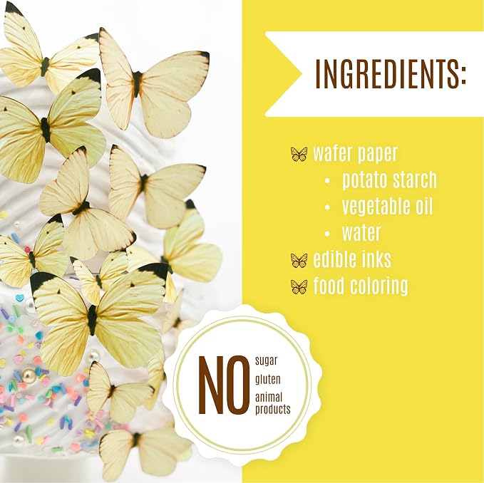 Sugar Robot Edible Butterflies for Cake Decorating - Small Pastel Yellow Butterfly Cake Toppers and Cupcake Toppers - Decoration Made in the USA - Premium Crafted (Yellow)
