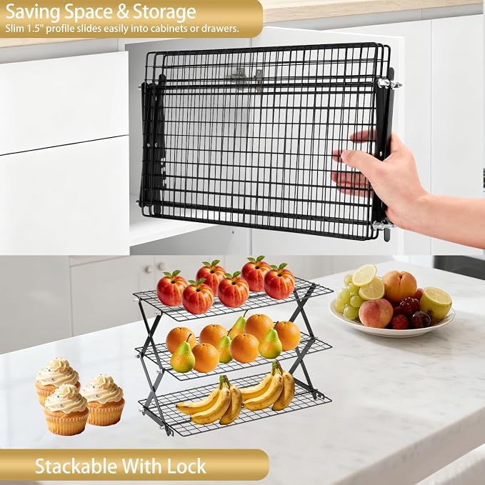 3-Tier Stackable Cooling Rack for Baking, Collapsible Wire Cookie Rack with Adjustable Heights, Non-Stick Roasting & Drying Rack for Cupcakes, Pies and Pastries, Space-Saving Kitchen Essential