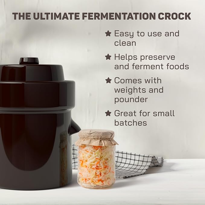 Fermentation Crock 1/2 Gallon - Sauerkraut Crock with Lid, Weights & Pounder - Ceramic Fermenting Crock Kit for Pickling Cabbage Kimchi Vegetables - 2 Liter Fermentation Jar - Stoneware Pickle Pot