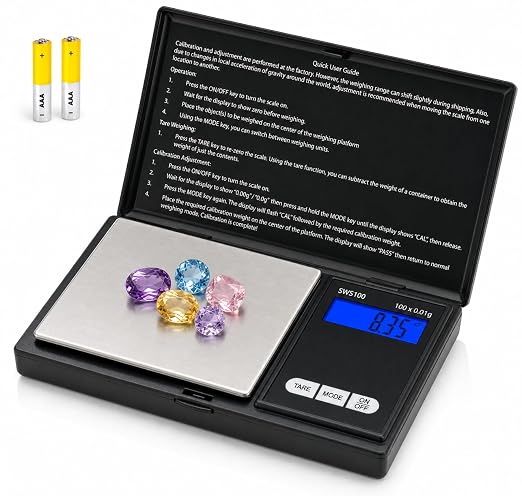 Smart Weigh SWS100 Digital Pocket Scale – 100g x 0.01g High Precision Scale for Reloading, Jewelry, Gems, and Medicine – Backlit LCD, Battery Included, Black