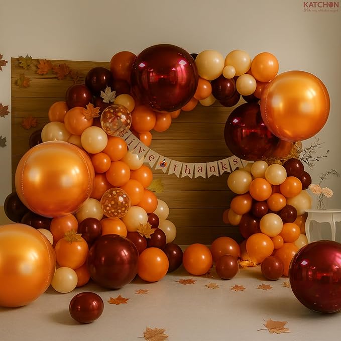 Katchon, Large Metallic Maroon and Orange Foil Balloons -22 Inch-Pack of 6 | Fall Decorations For Home | Thanksgiving Balloons | Thanksgiving Decorations | 4D Foil Balloon Orange, Red Party Decoration