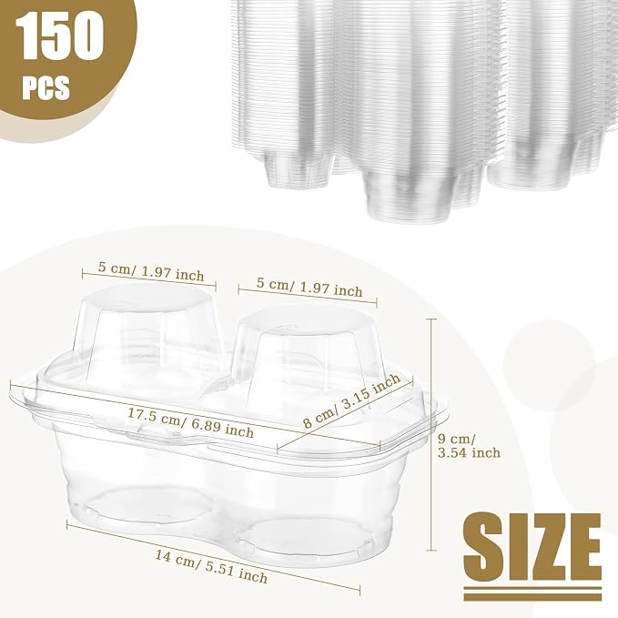 Eaasty 150 Pcs 2 Compartment Plastic Cupcake Containers Disposable Deep Cupcake Carrier Holder Box with Lids Stackable Clear Dessert Container for Muffin Pies Weddings Birthday Party