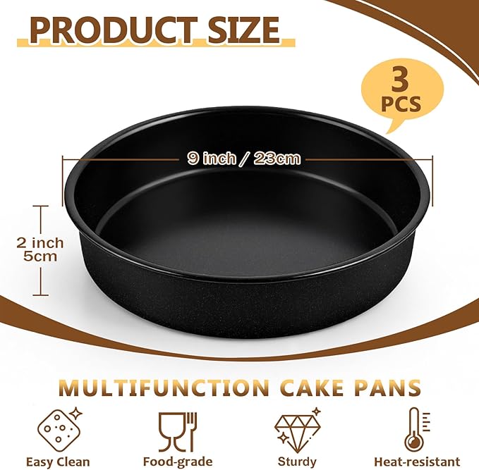 P&P CHEF 9 Inch Cake Pan Set of 3, 3 Pieces Nonstick Round Cake Baking Pans, Stainless Steel Smash Layer Cake Tin Bakeware for Cooking Steaming, Healthy & Sturdy, Oven & Dishwasher Safe