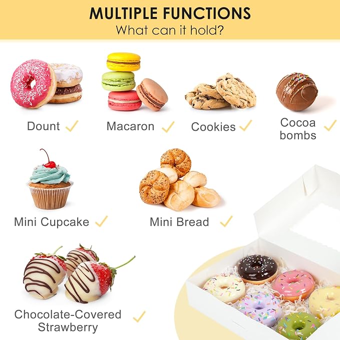 Moretoes 48pcs Auto-Popup Treat Boxes, 12x8x2.5 Inches Cookie Boxes with 3 Style Window, for Chocolate Covered Strawberries,Muffins, Donuts, Pastries (White)