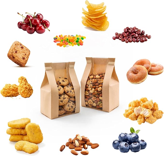 WIKDAY Bakery Bags with Window 100PCS Paper Cookie Bags Tin Tie Tab Lock Small Pastry Bags for Baked Goods Gift Giving Snack Treat Desert Packaging Storage Includes Label Seal Stickers 3.5x2.3x7.5in