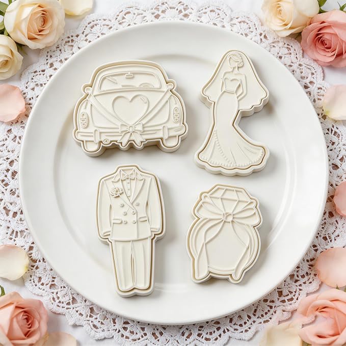 Wedding Cookie Cutters Set of 4 Ring Tuxedo Molds 3.5" with Plunger Stamps Baking Dough Tools Cake Shapes PLA Accessories for Birdesmaid Decorative Party Kitchen Supplies