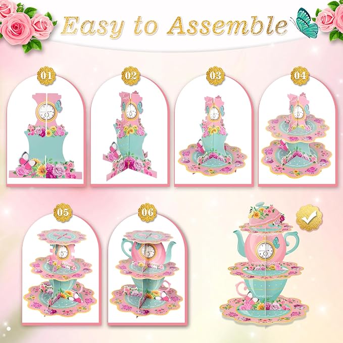 2 Pack Tea Party Cupcake Stands Birthday Decorations: 3-Tier Floral Afternoon Tea Time Theme Dessert Holder Cake Toppers for Adults Girls Kids Baby Bridal Shower Vintage Garden Princess Party Favors