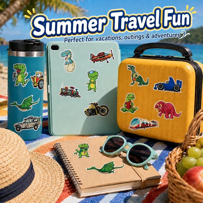 100 Pcs Dinosaur Vehicle Stickers for Kids Boys Water Bottles Laptops Scrapbook Decoration Party Favors Classroom Rewards Cartoon T Rex Construction Truck Waterproof Vinyl Decals