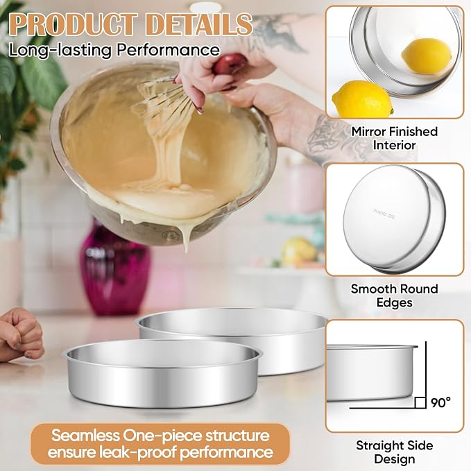 TeamFar 9 Inch Cake Pan Set of 3, Stainless Steel Round Layer Cake Baking Pans Tins for Birthday Wedding, Non-Toxic & Heavy-Duty, Mirror Finish & Leak Proof, Oven & Dishwasher Safe