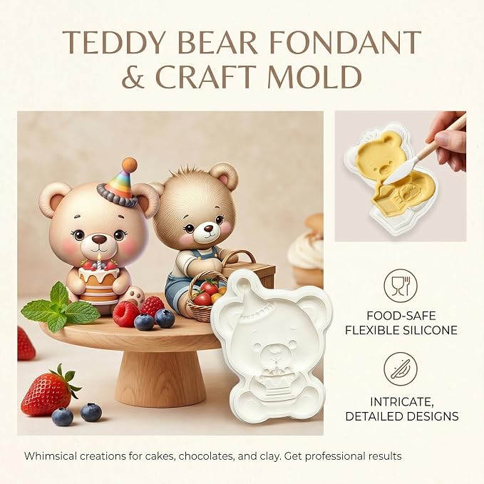 2Pcs 3D Cute Teddy Bear Silicone Fondant Molds, Birthday Party Picnic Bear Chocolate Candy Mold for Baking, Cake Decorating, Gum Paste, Cupcake Toppers, DIY Crafts, Easy Demold Pastry Tool