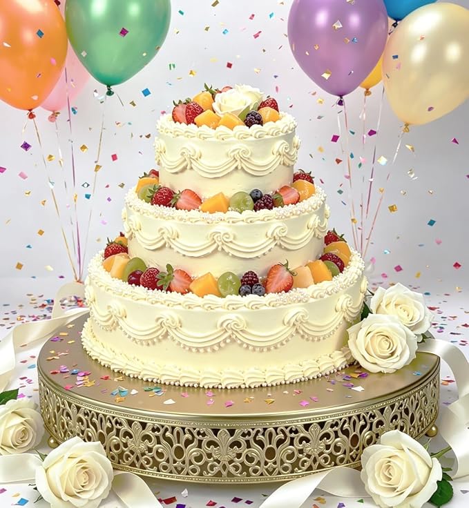 14 Inch Luxury Light Gold Cake Stand, Round Metal Dessert Display with Ornate Filigree Lace, Dual‑Coated Premium Finish for Wedding, Anniversary & Elegant Home Decor