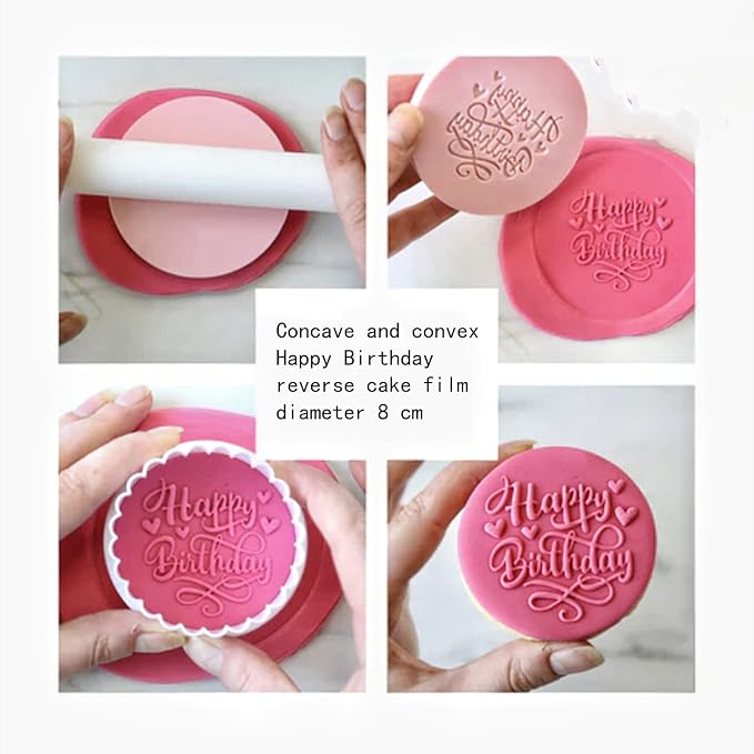 2 PCS Happy Birthday Fondant Embosser，Cookie Stamps，Fondant Letter Stamps，Birthday Cookie Cutters，Embosser Stamp，Happy Birthday Stamp，DIY Baking Cake/Sugar Paste/Cupcake/Chocolate (3.15 Inch, Pink)